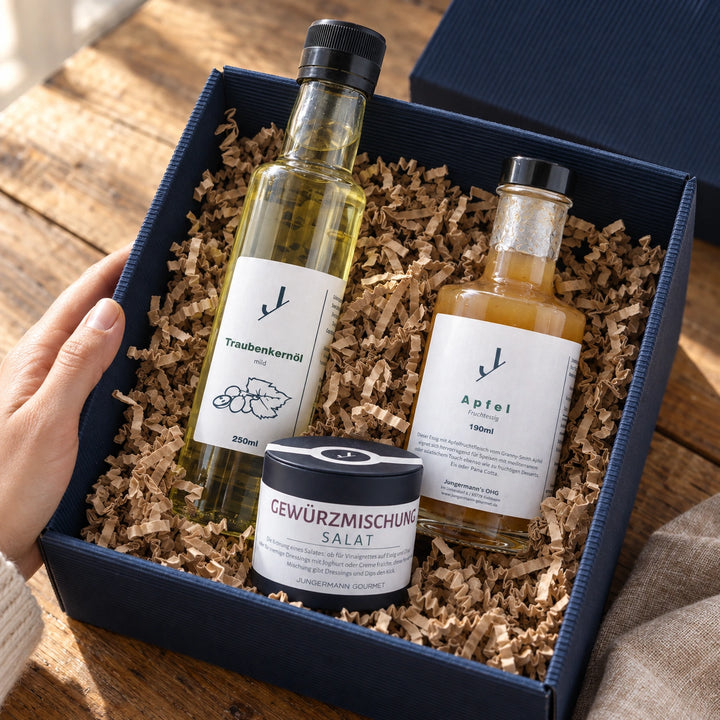 Nahaufnahme der Salat Dressing Box mit ihren drei Produkten und naturfarbenem Füllpapier.