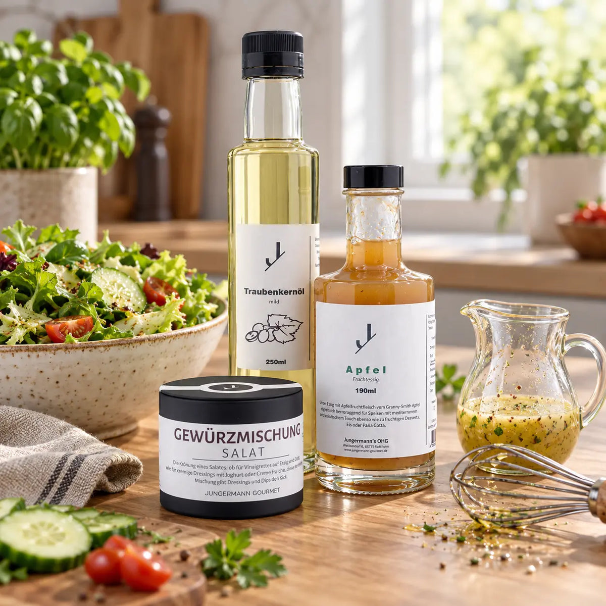 Salat Dressing Box mit Traubenkernöl, Apfelessig und Salatgewürz neben einer Salatschüssel als Anwendungsvorschlag.