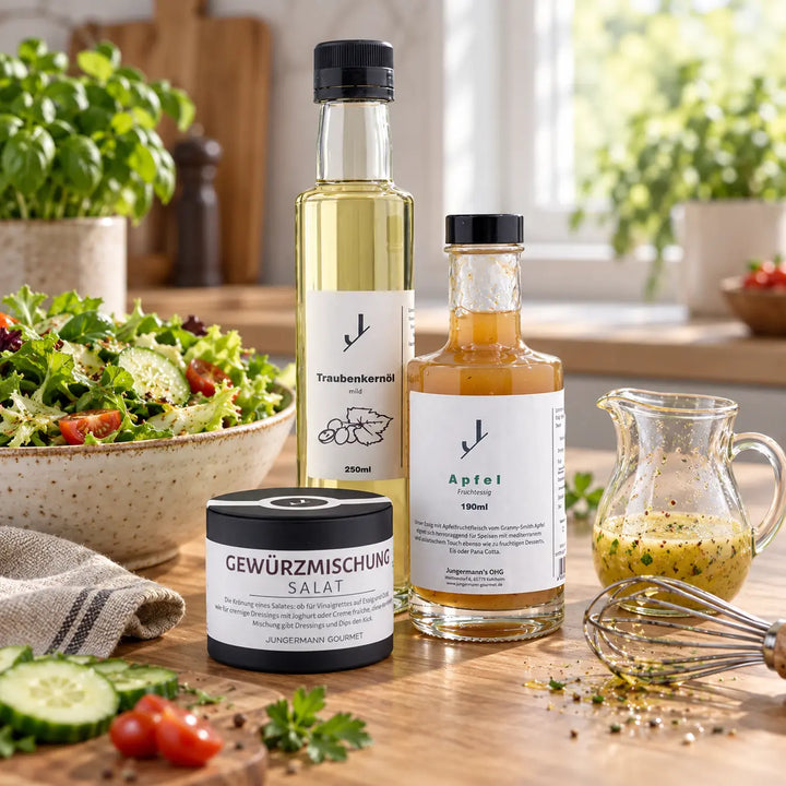 Salat Dressing Box mit Traubenkernöl, Apfelessig und Salatgewürz neben einer Salatschüssel als Anwendungsvorschlag.
