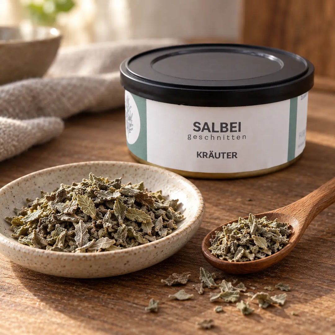 Getrockneter, geschnittener Salbei in einer Keramikschale und auf einem Holzlöffel, dahinter die Originaldose.