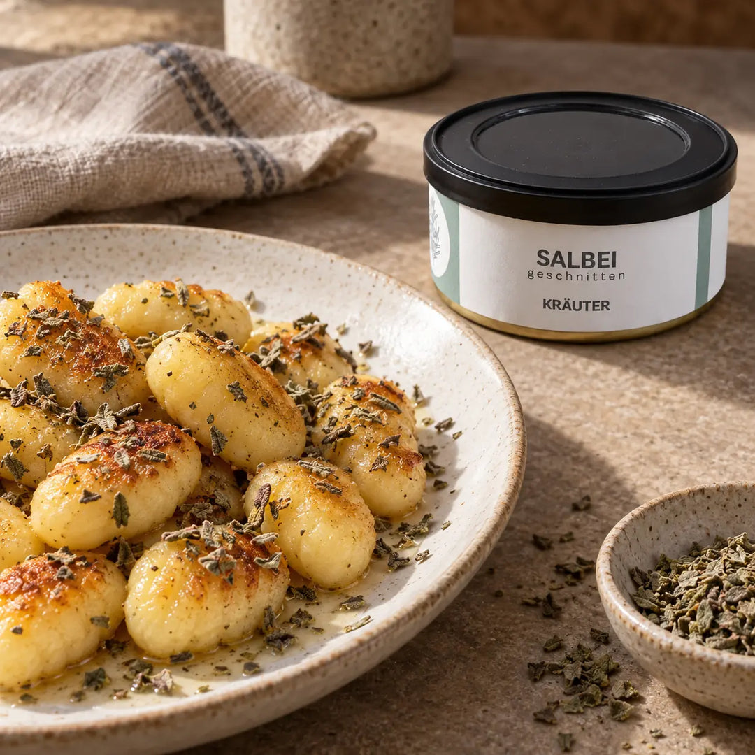 Gebratene Gnocchi mit Butter und geschnittenem Salbei, daneben die Originaldose; Serviervorschlag.