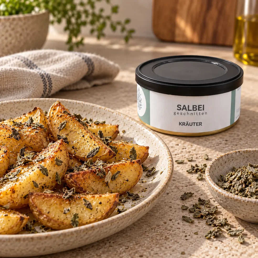 Geröstete Kartoffelspalten mit geschnittenem Salbei neben der originalen Kräuterdose; Serviervorschlag.