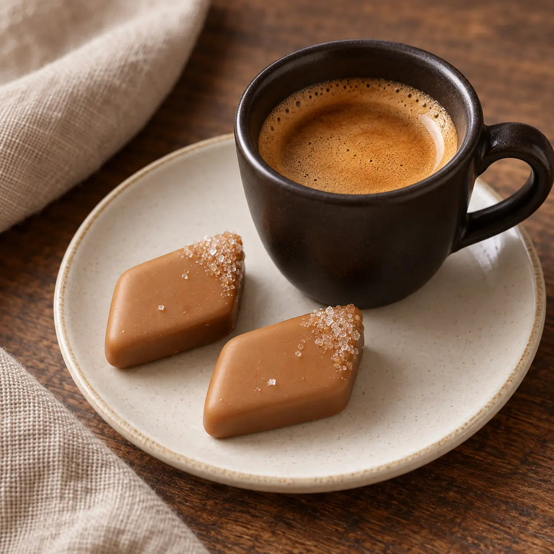 Zwei Salz-Karamell-Pralinen mit Salzdekor neben einer Tasse Espresso auf einem hellen Teller; Serviervorschlag.