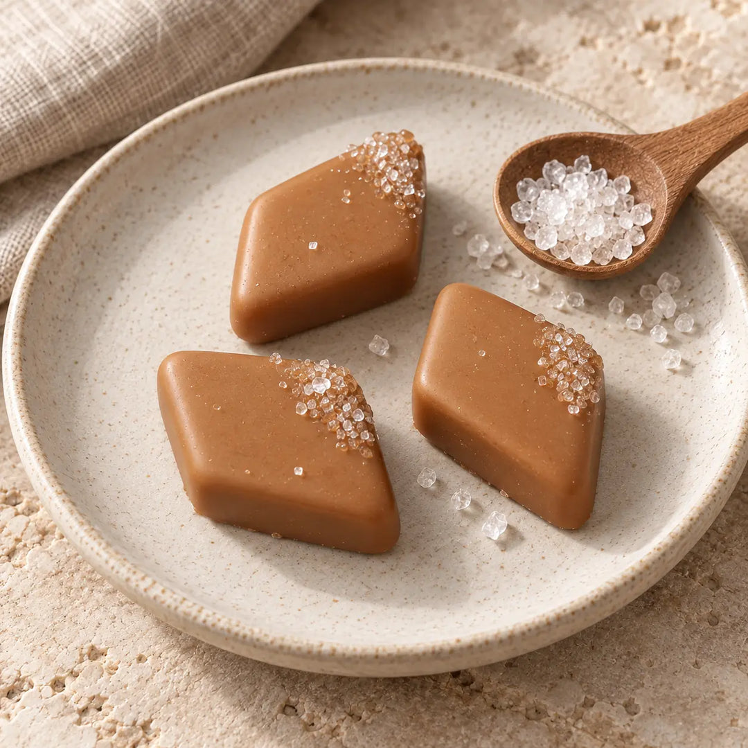 Drei rautenförmige Salz-Karamell-Pralinen mit Salzdekor neben einem Holzlöffel mit Salzkristallen als Zutatenmotiv.