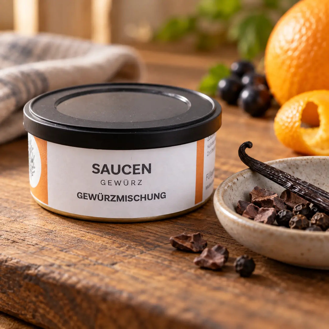 Saucengewürz in der Originaldose neben Kakao, Vanilleschote, Pfeffer, Orangenschale und dunklen Beeren als ausgewählten Zutaten.