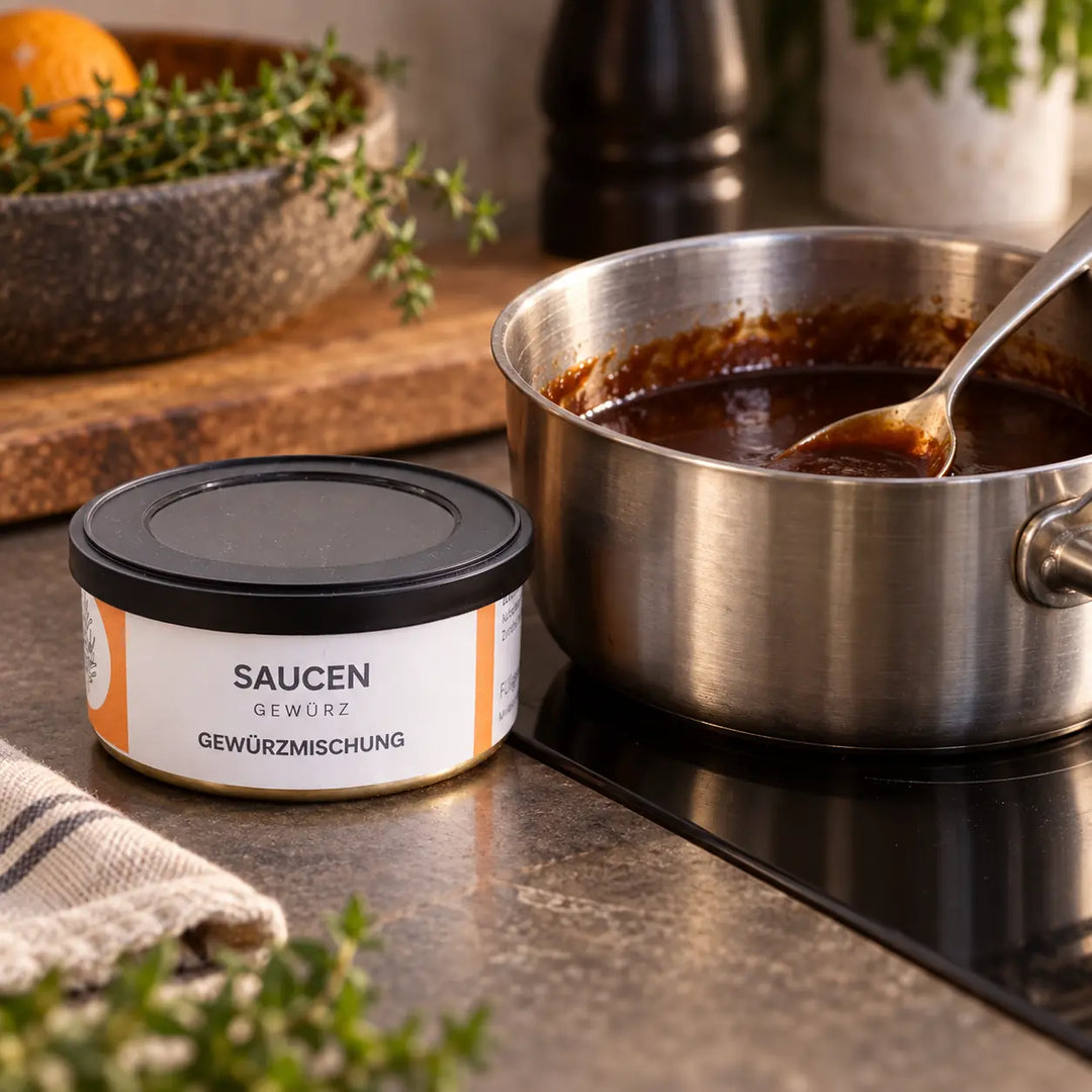 Saucengewürz in der Originaldose neben einem Topf mit dunkler Sauce und Saucenlöffel; Zubereitungsbeispiel.