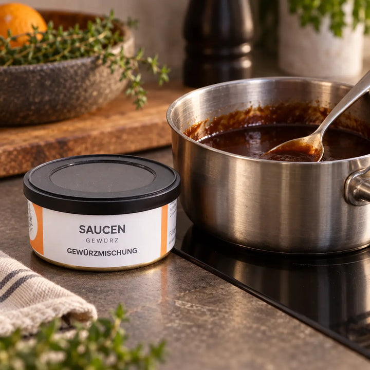 Saucengewürz in der Originaldose neben einem Topf mit dunkler Sauce und Saucenlöffel; Zubereitungsbeispiel.
