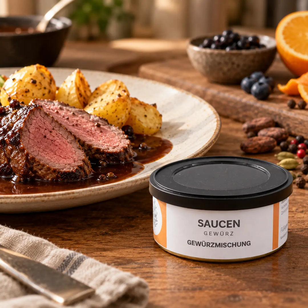 Aufgeschnittener Braten mit Kartoffeln und dunkler Sauce neben der Originaldose Saucengewürz; Serviervorschlag.