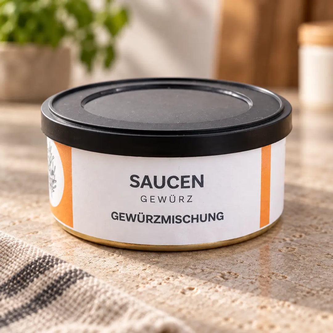 Detailansicht der originalen Saucengewürz-Dose mit orange-weißem Papieretikett, schwarzem Deckel und goldfarbenem Bodenrand.