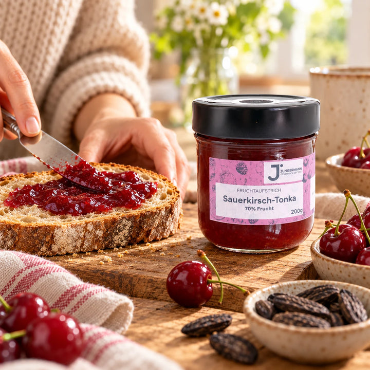 Eine Hand streicht Sauerkirsch-Tonkabohnen Fruchtaufstrich auf eine Scheibe Bauernbrot, neben dem Originalglas und Sauerkirschen