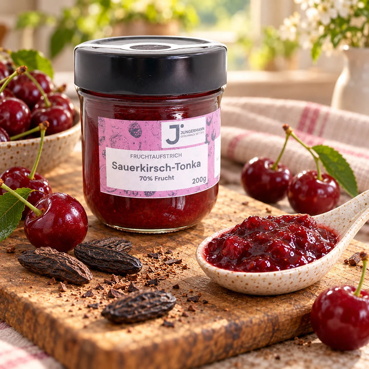 Nahaufnahme: Sauerkirsch-Tonkabohnen Fruchtaufstrich mit fruchtiger Konsistenz auf einem Keramiklöffel vor dem Originalglas