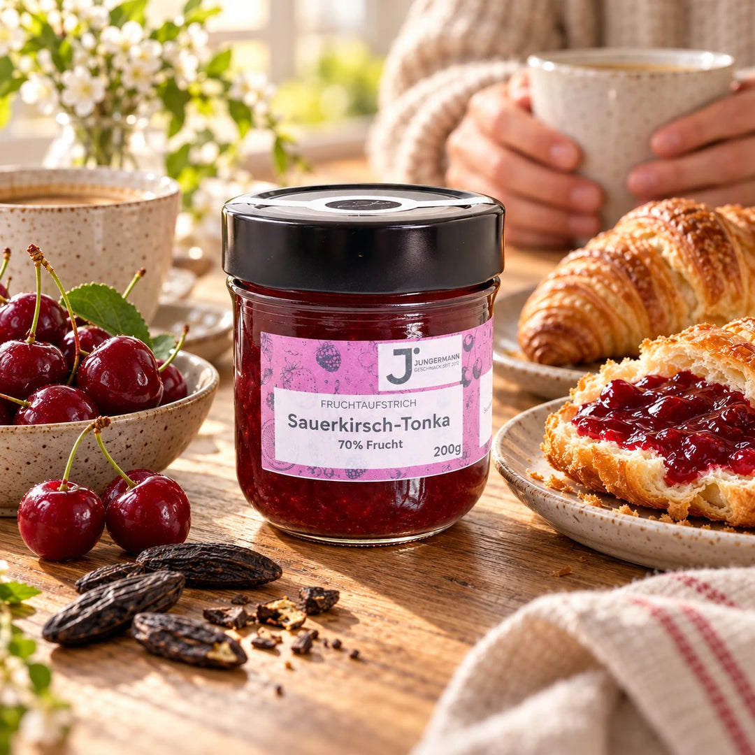 Frühstückstisch mit Sauerkirsch-Tonkabohnen Fruchtaufstrich, bestrichenem Buttercroissant, Kaffee und Sauerkirschen