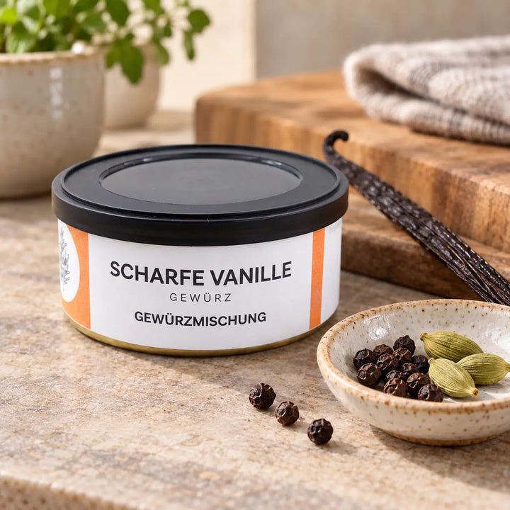 Originaldose Scharfe-Vanille neben Vanilleschote, schwarzem Pfeffer und Kardamomkapseln als Zutatenmotiv.