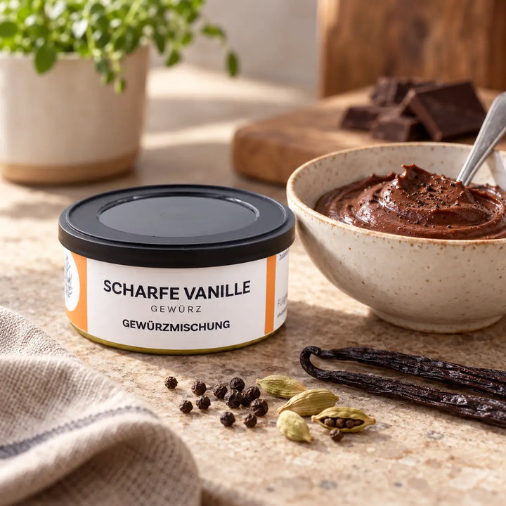 Schokoladencreme neben der Originaldose Scharfe-Vanille sowie Vanille, Pfeffer und Kardamom; Serviervorschlag.
