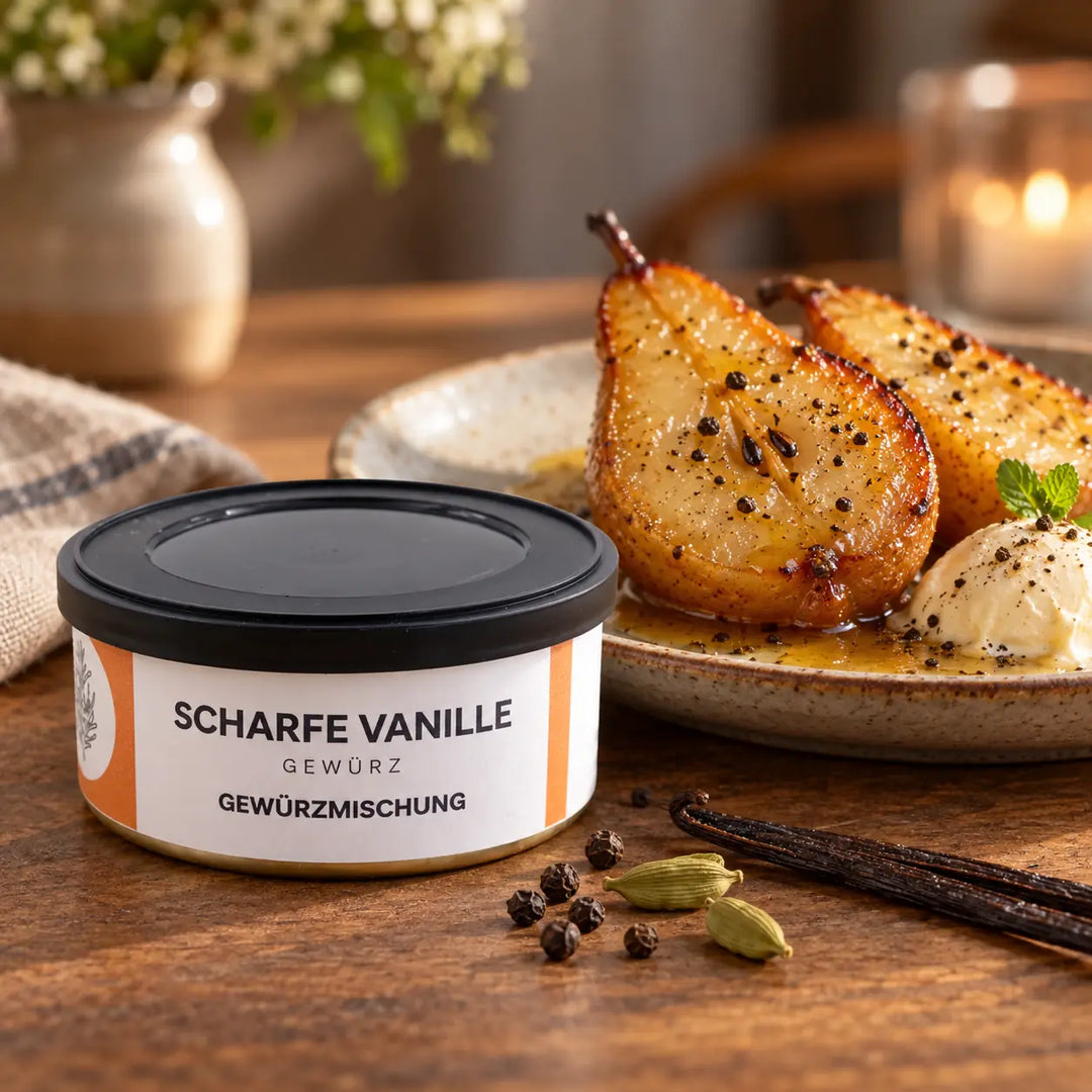 Gebratene Birnen mit Eis und würziger Sauce neben der Originaldose Scharfe-Vanille; Serviervorschlag.