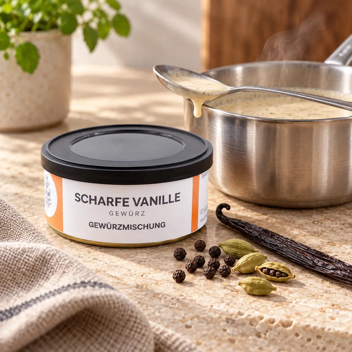 Scharfe-Vanille in der Originaldose neben einer hellen Sauce, Vanille, Pfeffer und Kardamom als Zubereitungsvorschlag.