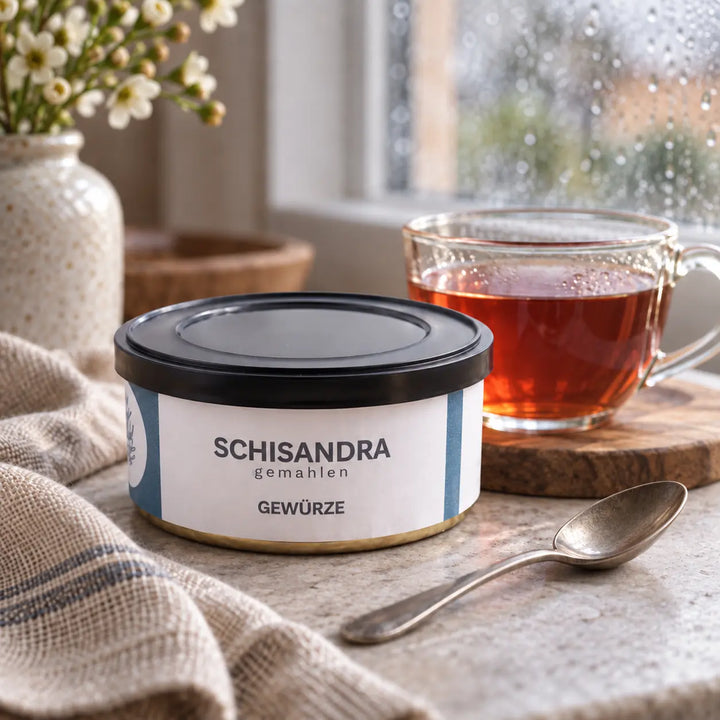 Schisandra gemahlen in der Originaldose neben einer Tasse Tee am Fenster als Genussmotiv.