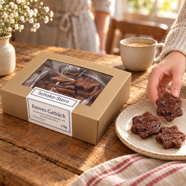 Eine Hand serviert Schokosterne neben der Originalschachtel von Jungermann Gourmet auf einem Holztisch.