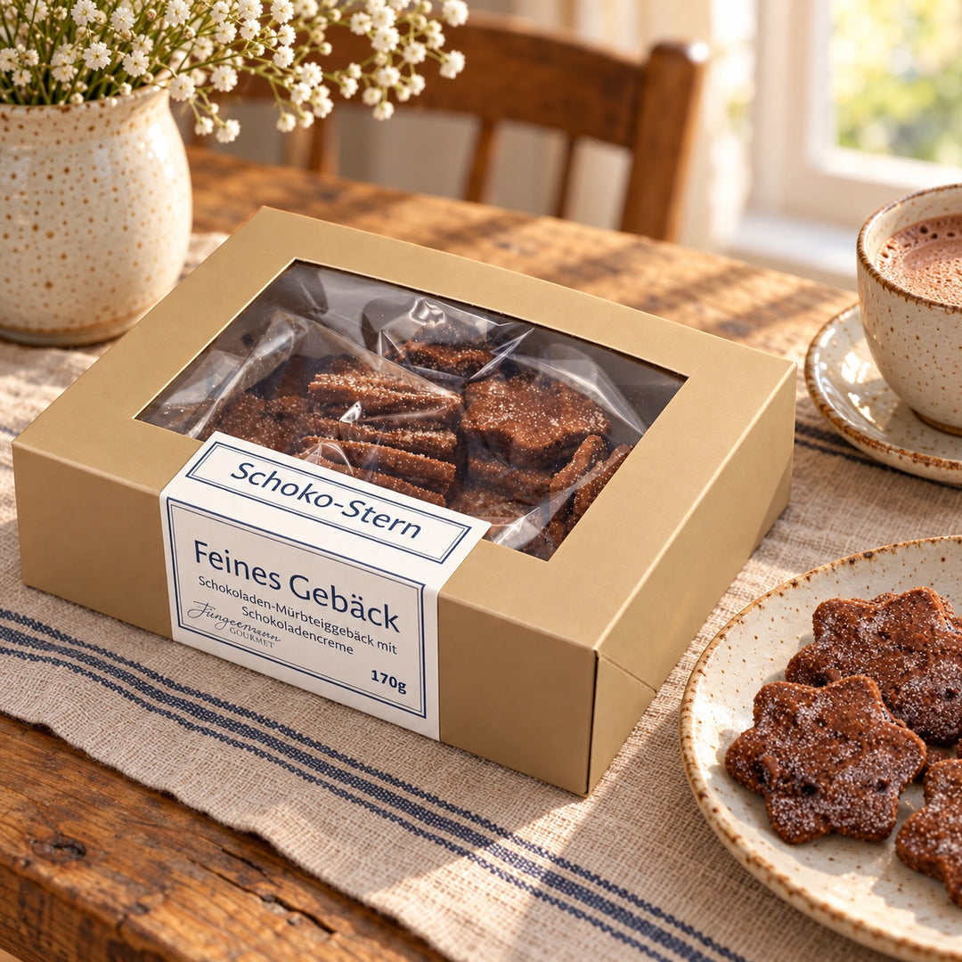 Schokosterne von Jungermann Gourmet mit Gebäck auf einem Steingutteller und einem Heißgetränk auf einer Kaffeetafel.