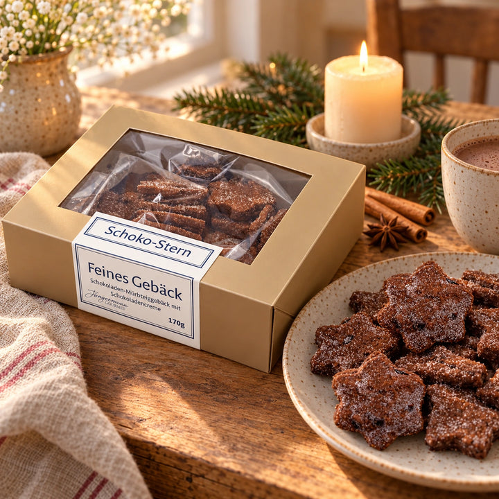 Schokosterne von Jungermann Gourmet auf einer Adventstafel mit Gebäck, Heißgetränk, Kerze und Tannenzweig.
