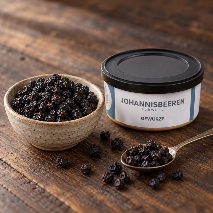 Getrocknete schwarze Johannisbeeren in einer Keramikschale und auf einem Löffel neben der Originaldose.