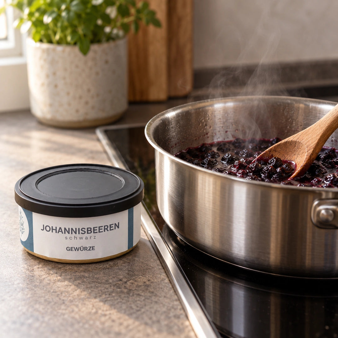 Schwarze Johannisbeeren werden im Topf zu einer Fruchtzubereitung gekocht; daneben steht die Originaldose.