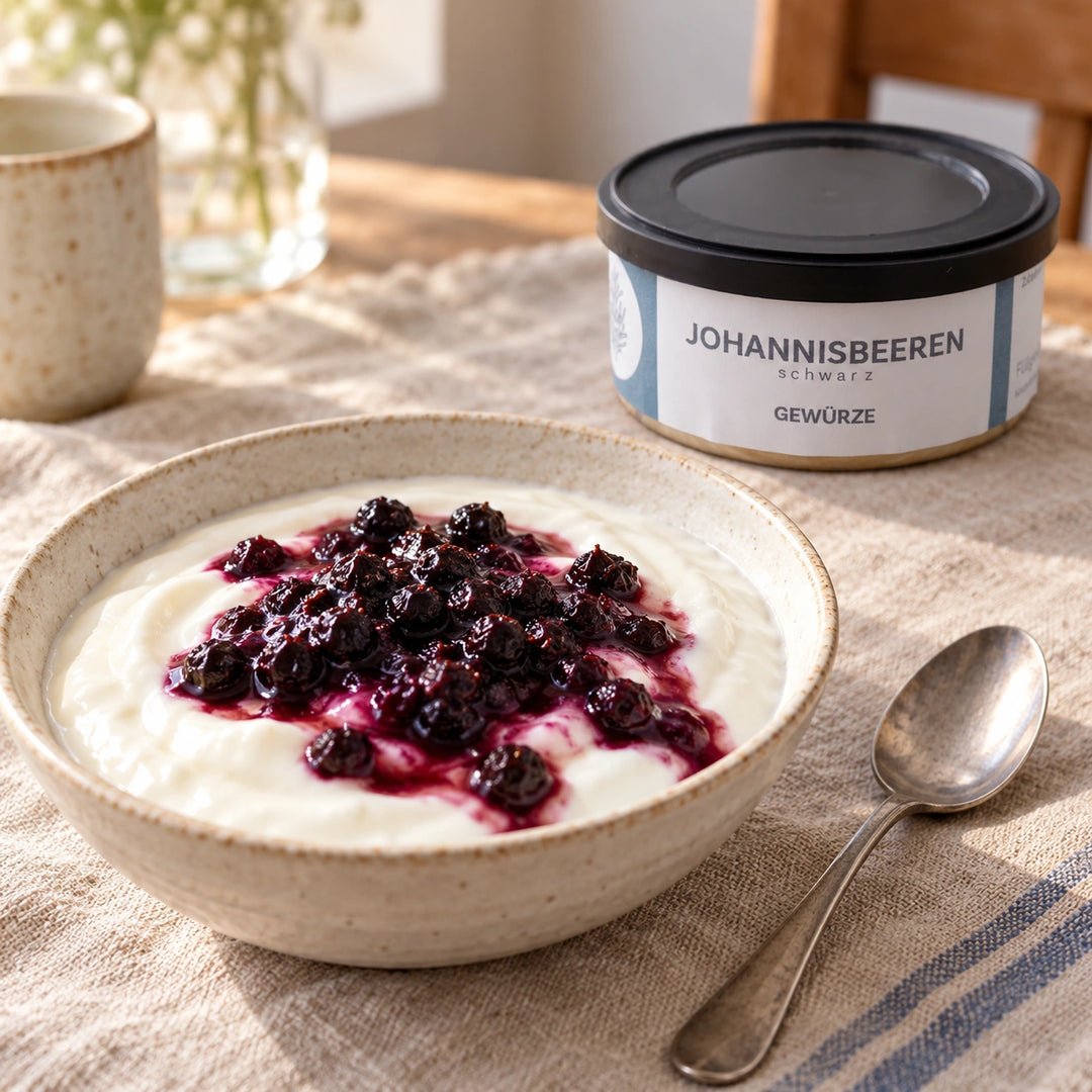 Joghurt mit einer Fruchtzubereitung aus schwarzen Johannisbeeren neben der Originaldose als Serviervorschlag.