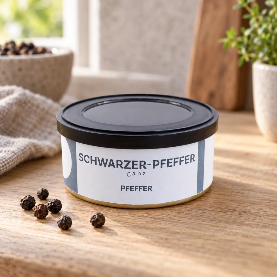 Schwarzer Pfeffer ganz in der originalen flachen Dose mit hellblau-weißem Etikett neben einzelnen Pfefferkörnern.