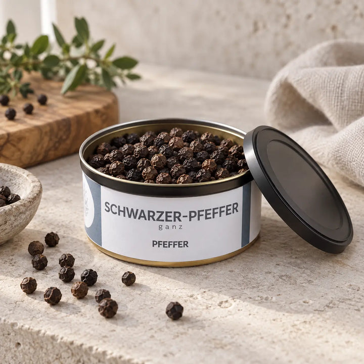 Geöffnete Originaldose mit ganzen schwarzen Pfefferkörnern und dem schwarzen Deckel daneben.