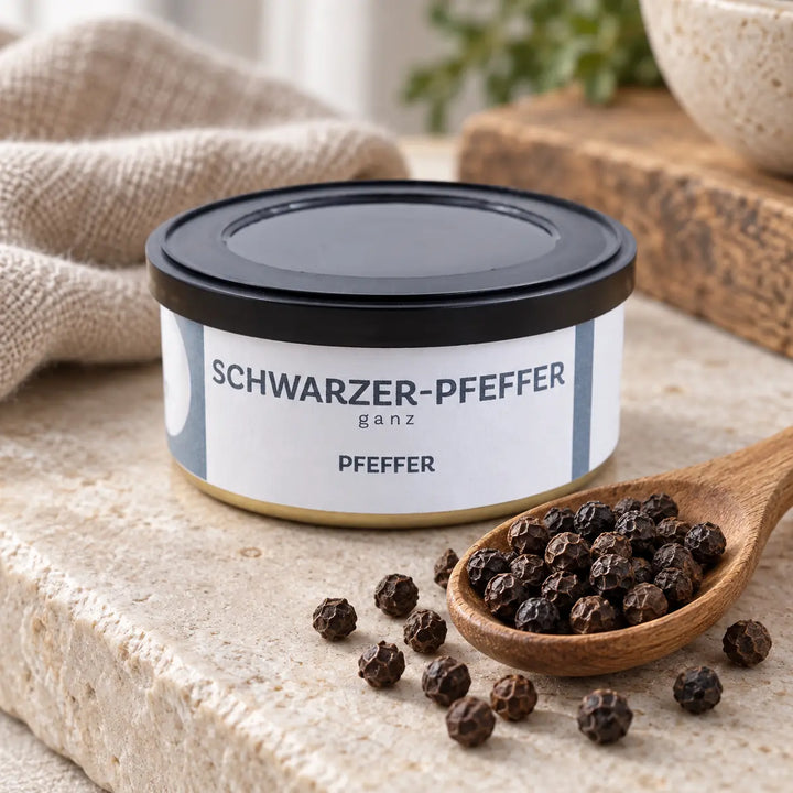 Ganze schwarze Pfefferkörner mit runzeliger Oberfläche auf einem Holzlöffel vor der Originaldose im Detail.