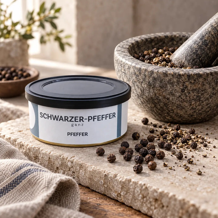 Ganze und grob zerstoßene schwarze Pfefferkörner in einem Steinmörser neben der Originaldose; Zubereitungsbeispiel.