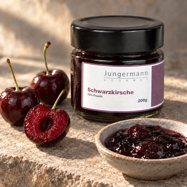 Dunkle Kirschen und ein halbiertes Exemplar neben Schwarzkirschaufstrich und Originalglas.