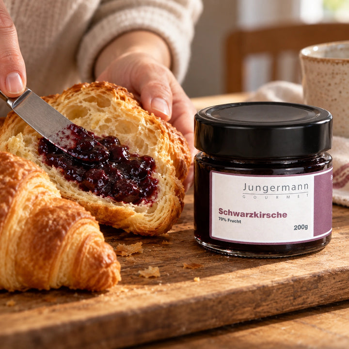 Eine Hand streicht Schwarzkirschaufstrich auf ein geöffnetes Croissant neben dem Originalglas. Serviervorschlag.