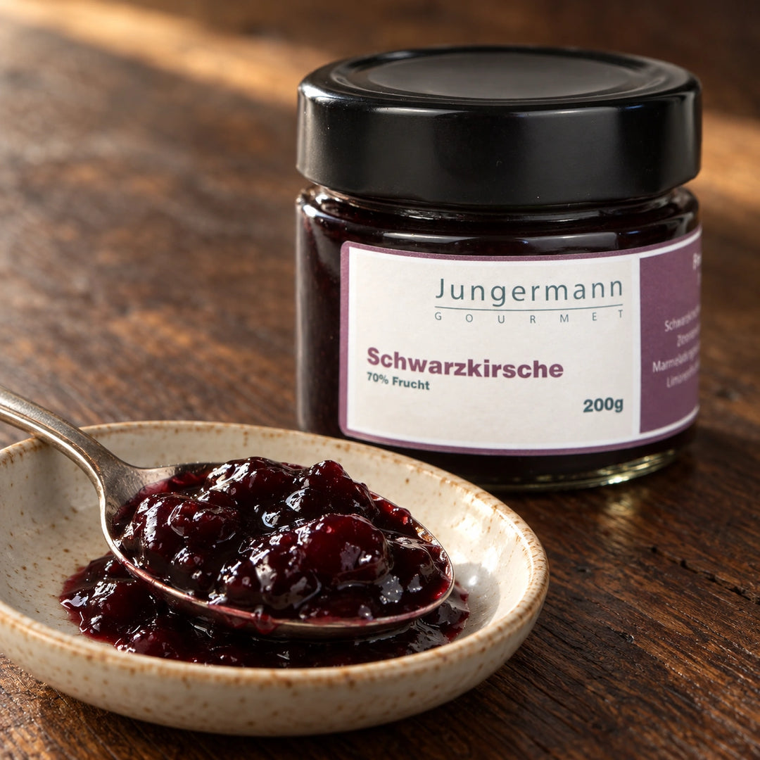 Nahaufnahme von dunklem Schwarzkirschaufstrich mit weichen Fruchtstücken vor dem Originalglas.
