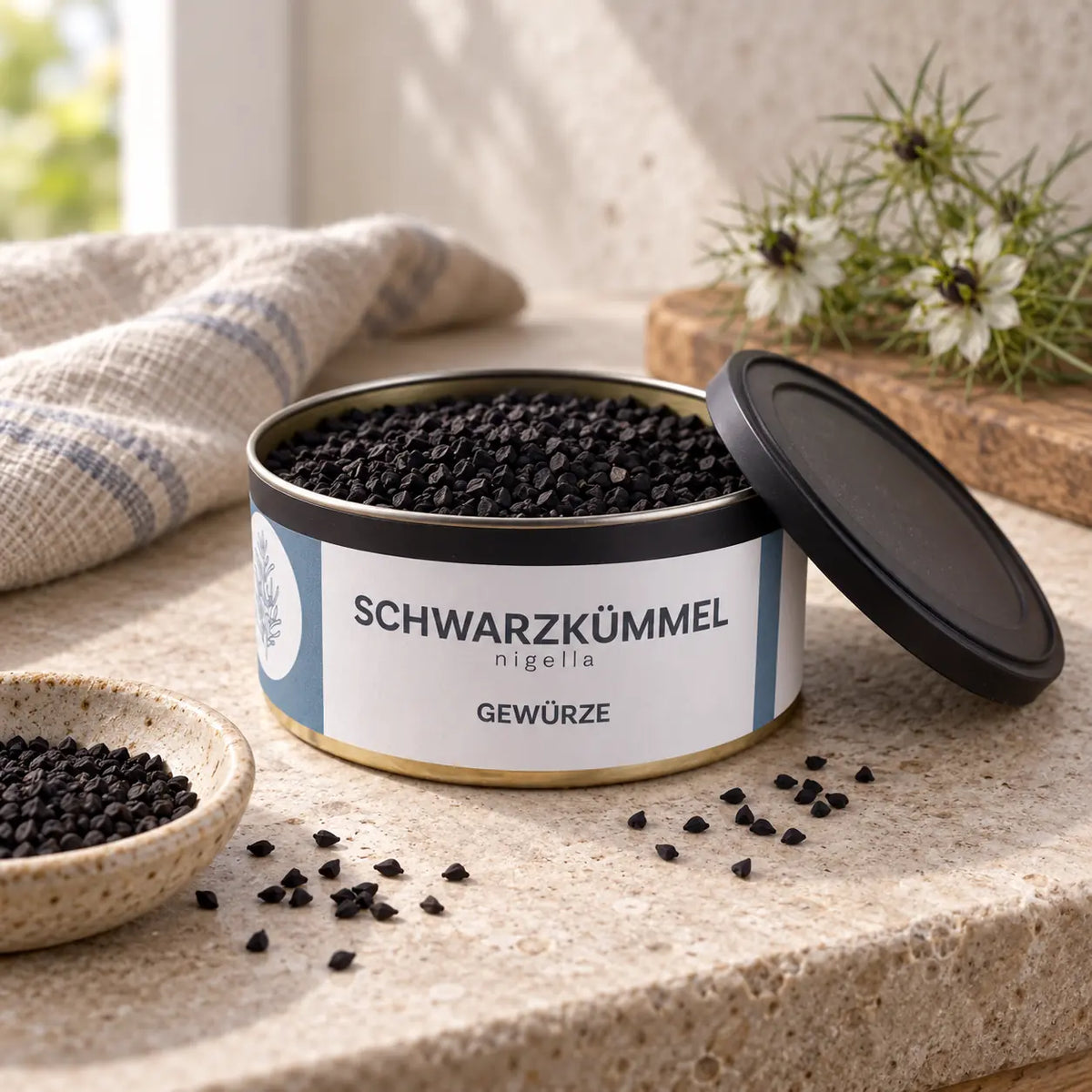 Geöffnete Originaldose mit schwarzen Nigella-Samen und dem schwarzen Deckel daneben.