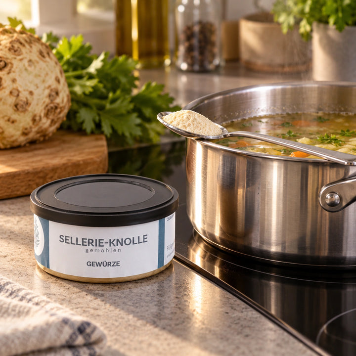 Sellerie-Knollen Pulver auf einem Löffel über Gemüsesuppe, daneben die Originaldose; Zubereitungsbeispiel.