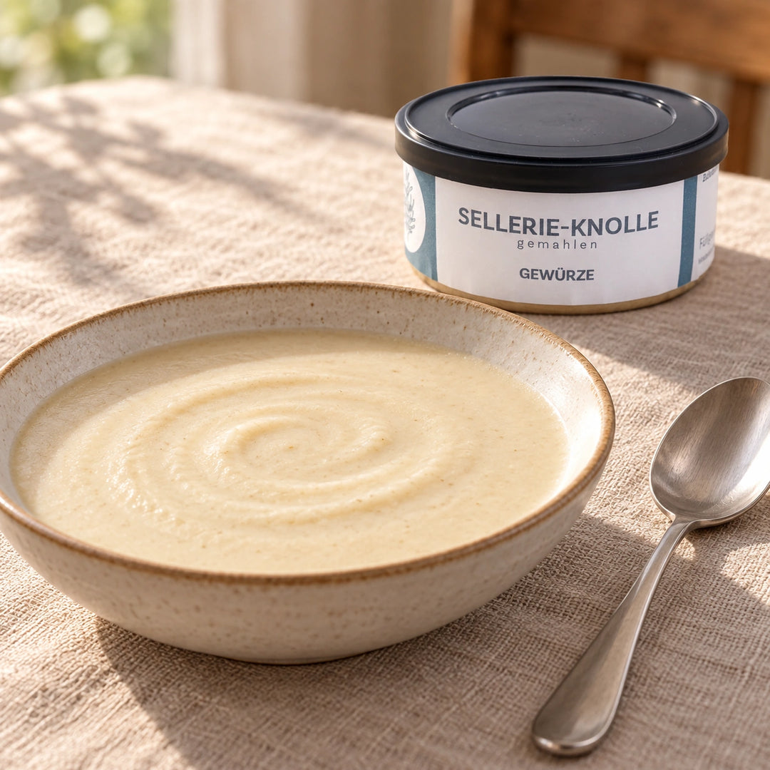 Helle Selleriecremesuppe in einer Keramikschale neben der Originaldose als Serviervorschlag.