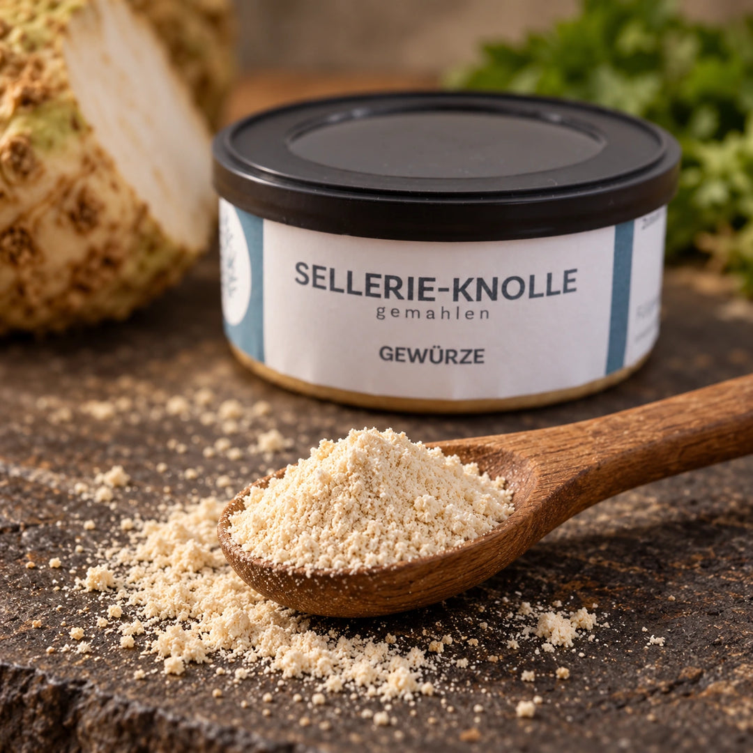 Feines Sellerie-Knollen Pulver auf einem Holzlöffel, dahinter Knollensellerie und die Originaldose.