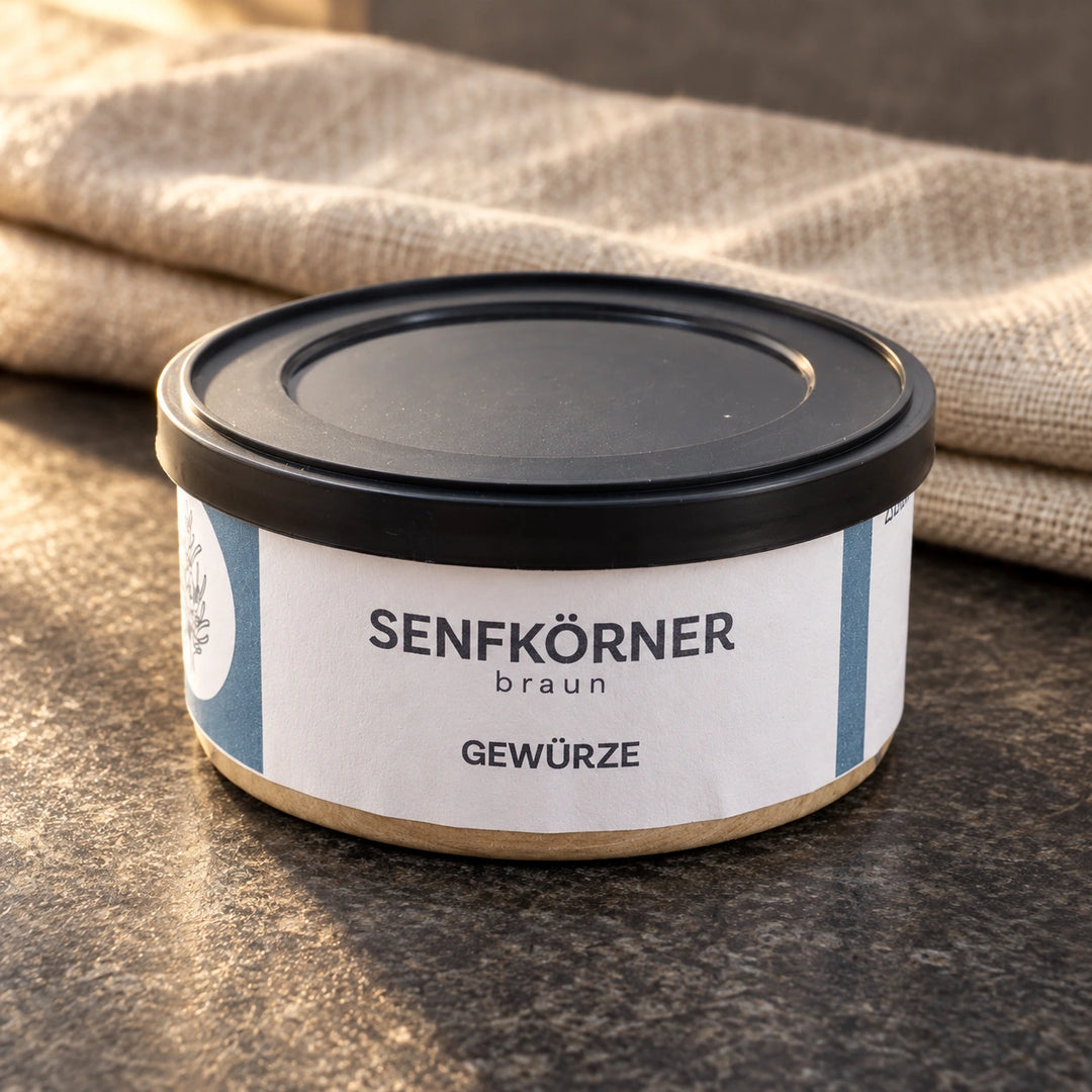 Originaldose Senfkörner braun auf einer dunklen Steinfläche neben einem Leinentuch.