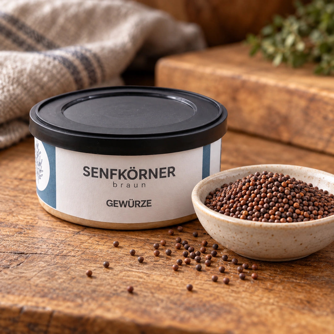 Braune Senfkörner in einer kleinen Keramikschale und auf einem Holzbrett neben der Originaldose.