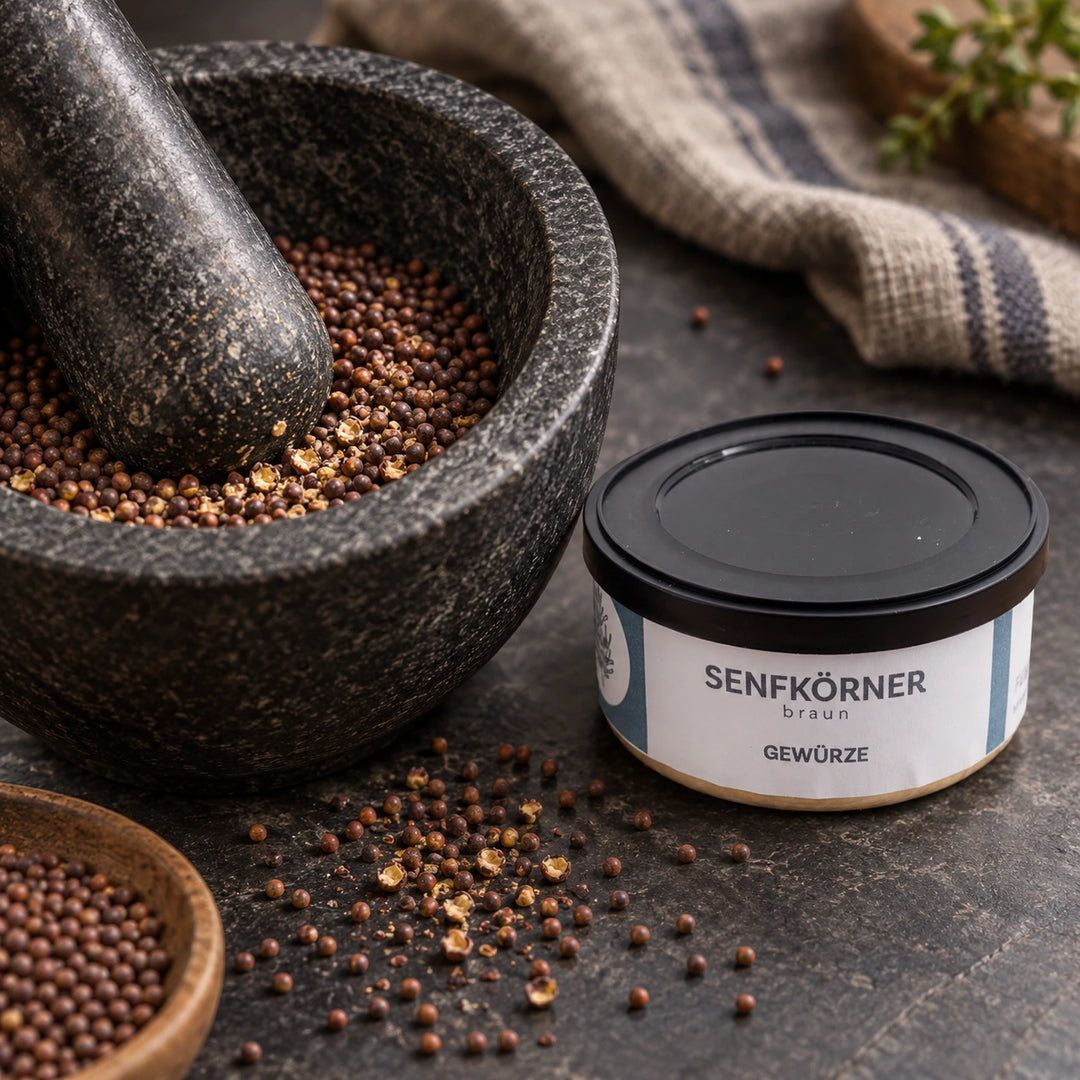 Ganze und grob zerstoßene braune Senfkörner in einem Steinmörser neben der Originaldose.