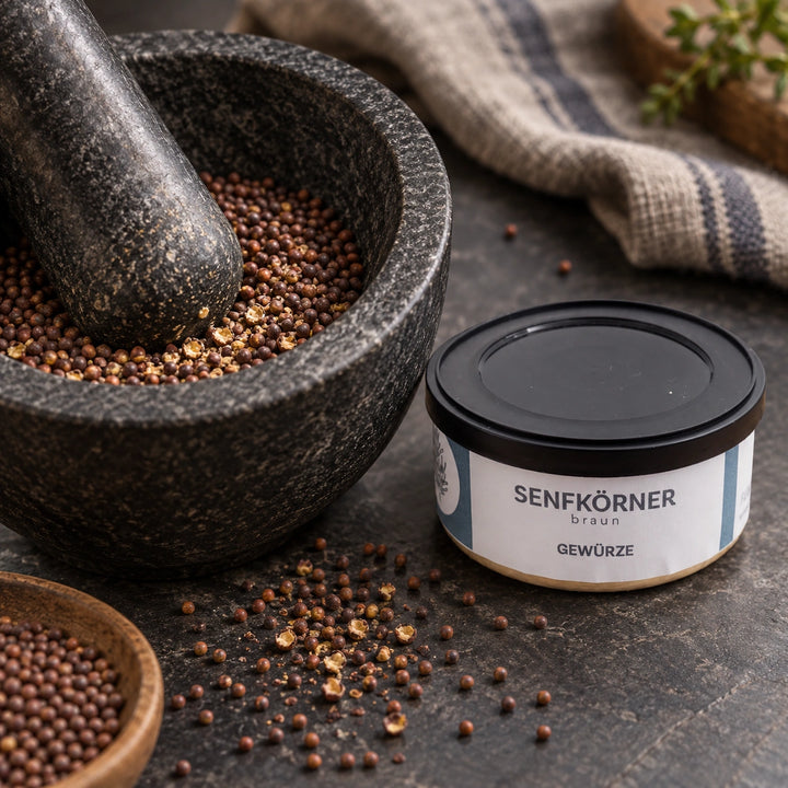 Ganze und grob zerstoßene braune Senfkörner in einem Steinmörser neben der Originaldose.