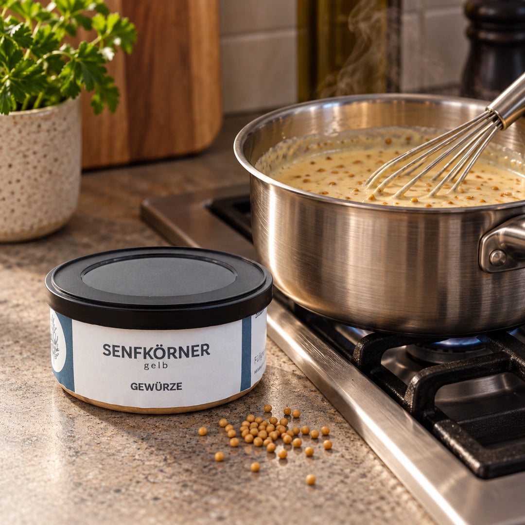 Helle Senfsauce mit gelben Senfkörnern im Topf neben der Originaldose; Zubereitungsbeispiel.
