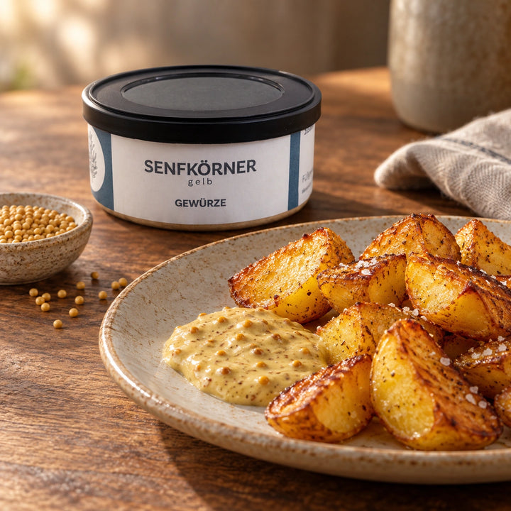 Ofenkartoffeln mit Senfsauce und gelben Senfkörnern neben der Originaldose als Serviervorschlag.