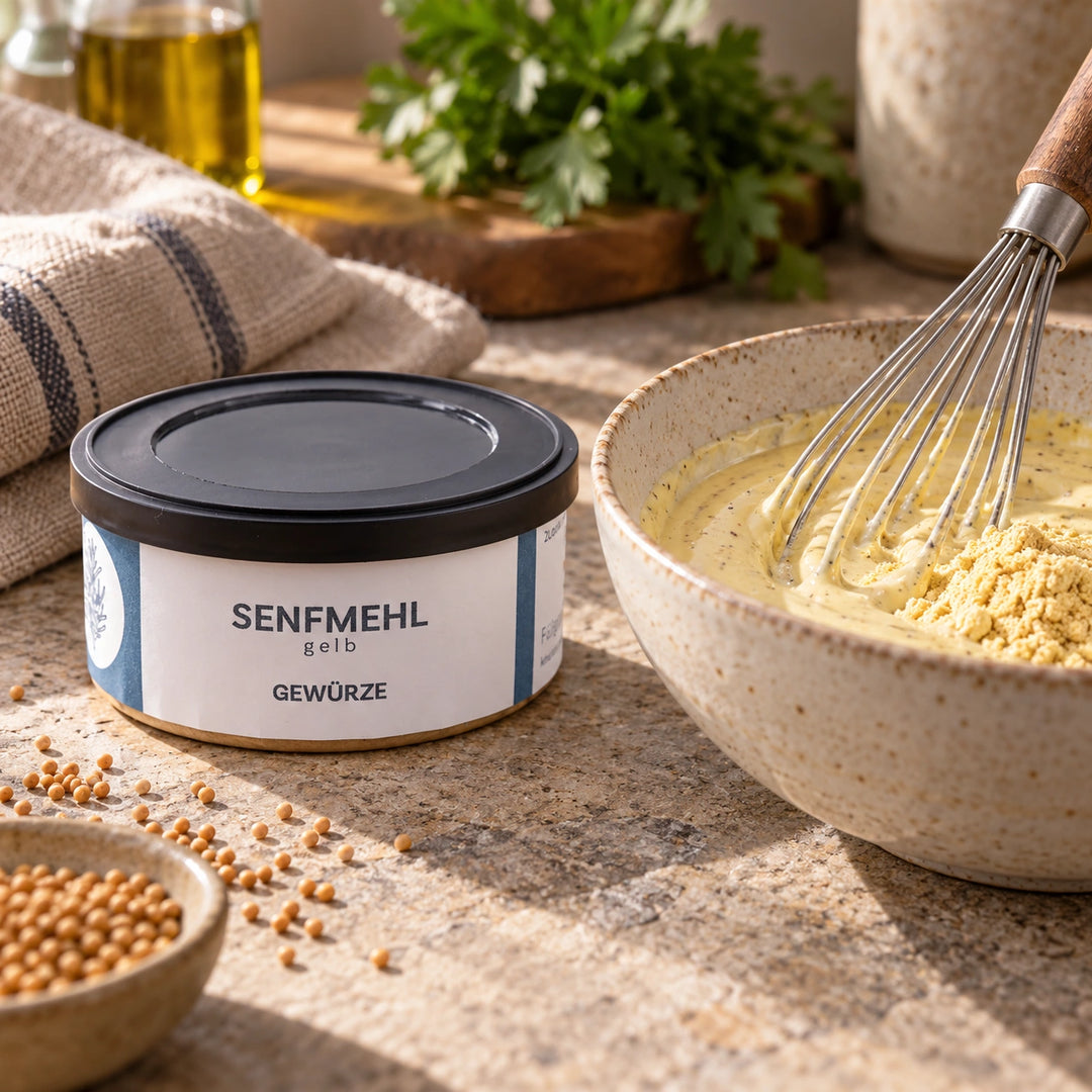 Senfmehl wird mit einem Schneebesen in ein cremiges Dressing eingearbeitet; die Originaldose steht daneben.