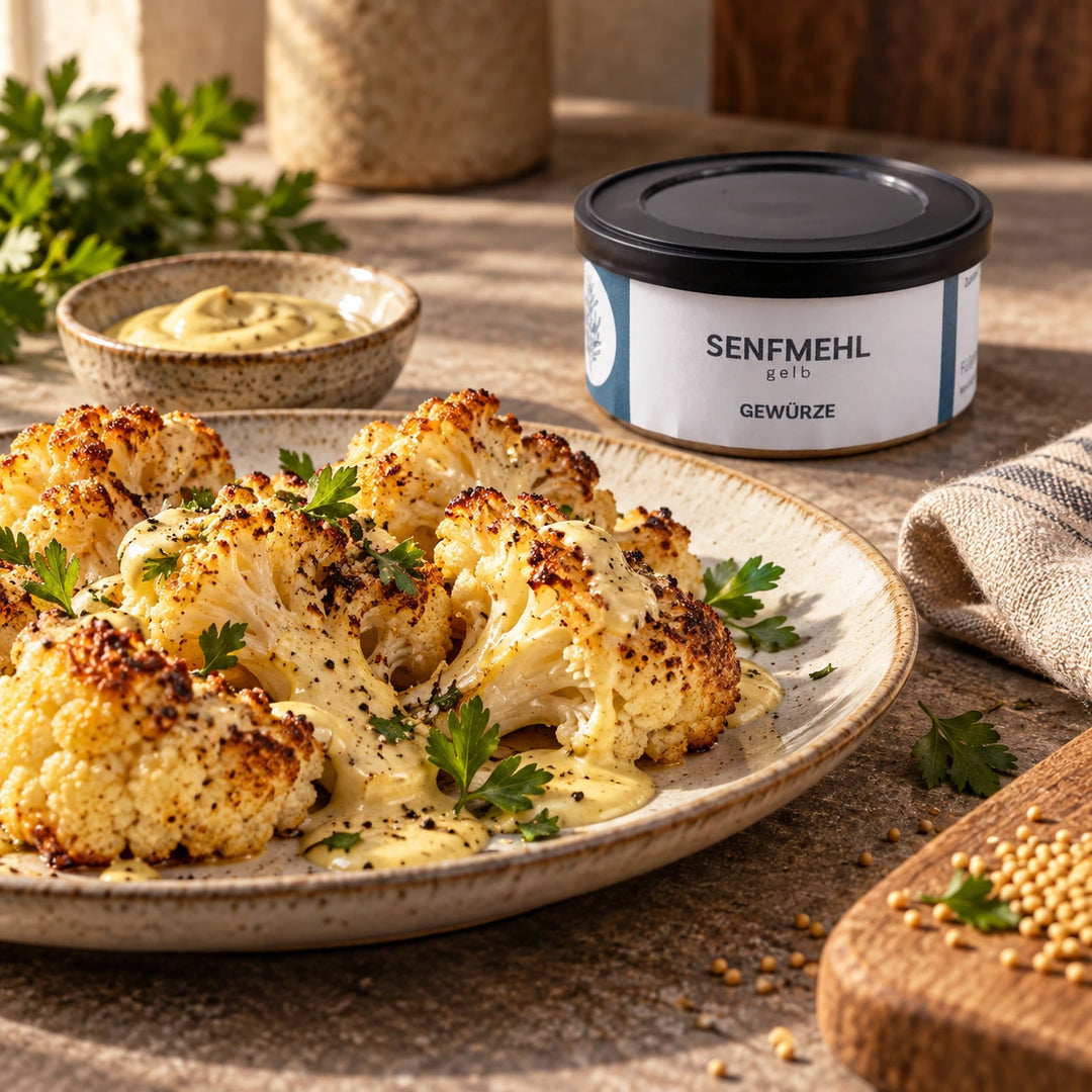Gerösteter Blumenkohl mit Senfsauce neben der Originaldose Senfpulver als Serviervorschlag.