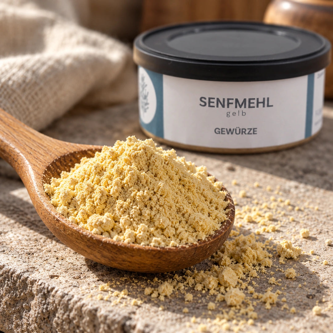 Nahaufnahme von feinem gelbem Senfmehl auf einem Holzlöffel vor der Originaldose.