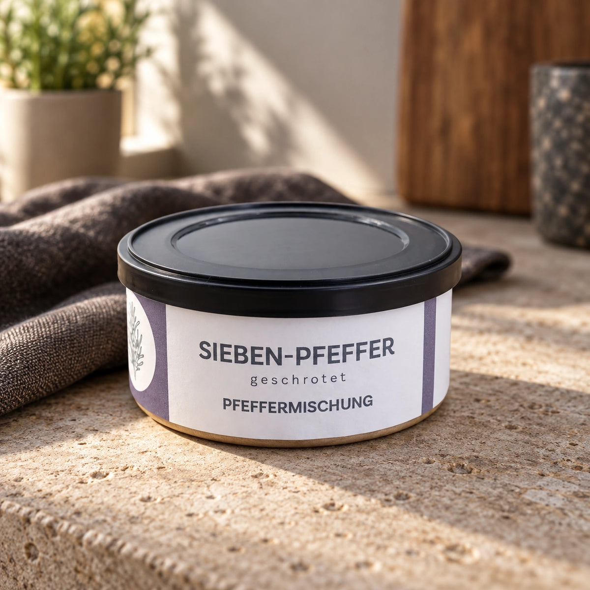 Originaldose Sieben Pfeffer geschrotet auf Naturstein neben einem dunklen Leinentuch.