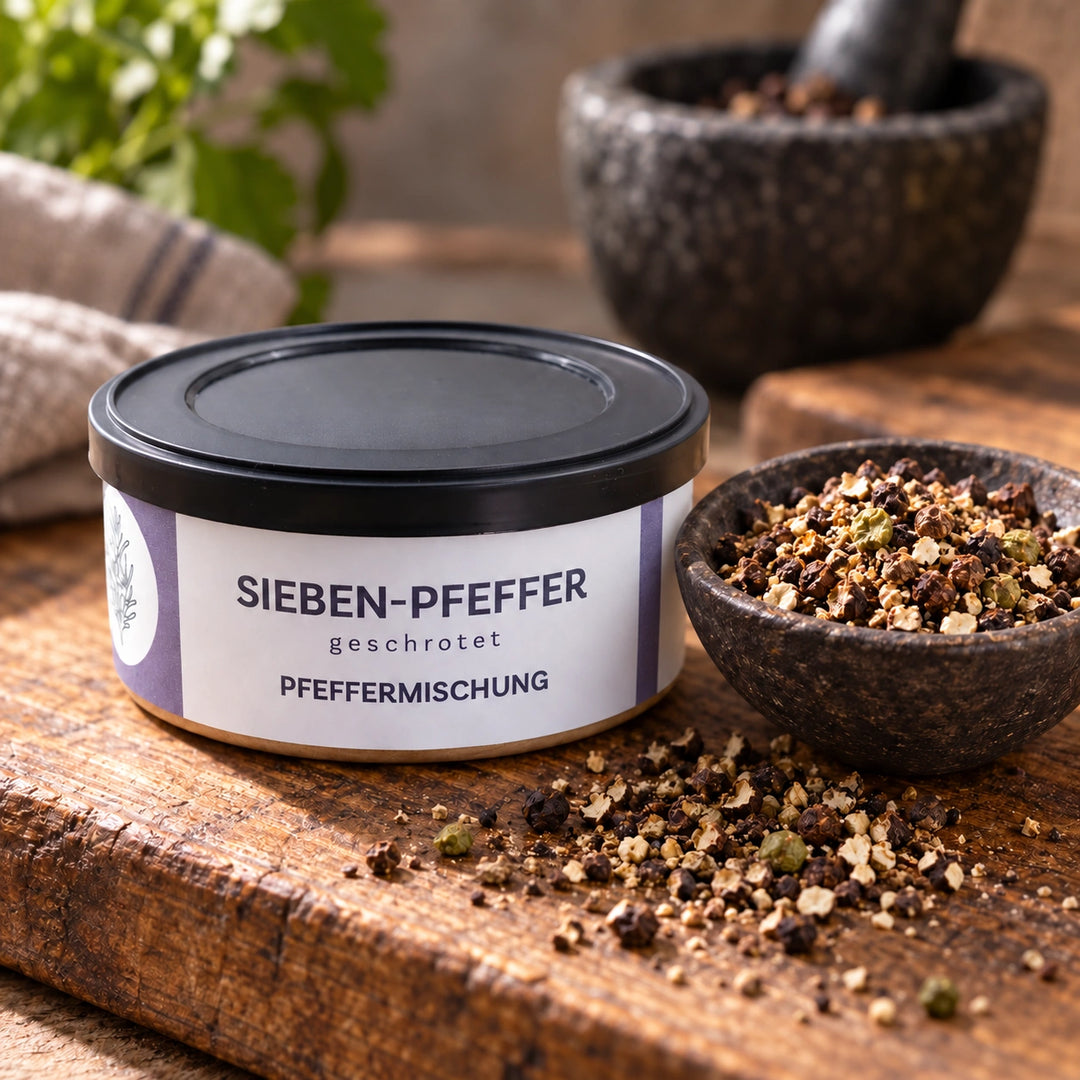 Geschrotete Pfeffermischung in einer dunklen Schale und auf Holz neben der Originaldose Sieben Pfeffer.