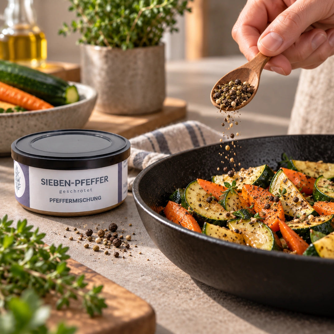 Eine Hand würzt gebratene Zucchini und Möhren mit Pfefferschrot; die Originaldose Sieben Pfeffer steht daneben.